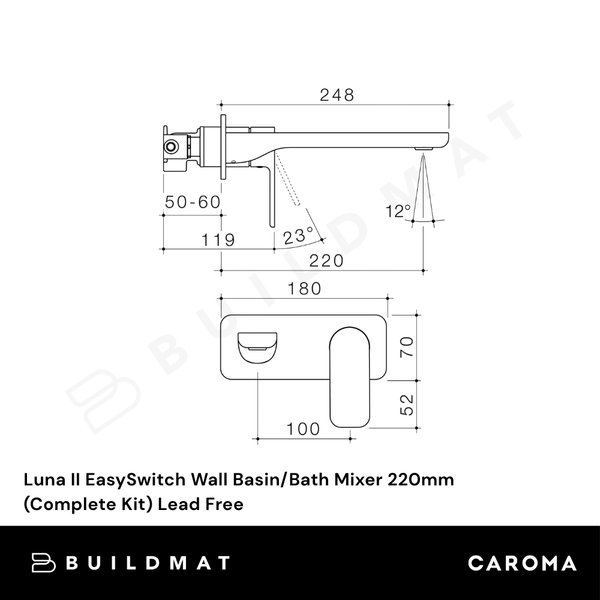 Caroma Luna II EasySwitch Wall Basin/Bath Mixer 220mm (Complete Kit) Satin Black Lead Free