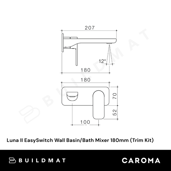 Caroma Luna II EasySwitch Wall Basin/Bath Mixer 180mm (Trim Kit) Brushed Nickel