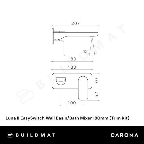 Caroma Luna II EasySwitch Wall Basin/Bath Mixer 180mm (Trim Kit) Chrome
