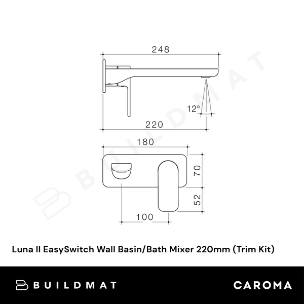 Caroma Luna II EasySwitch Wall Basin/Bath Mixer 220mm (Trim Kit Only) Satin Black
