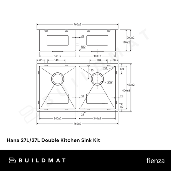 Fienza Hana 27L/27L Double Kitchen Sink Kit Brushed Copper