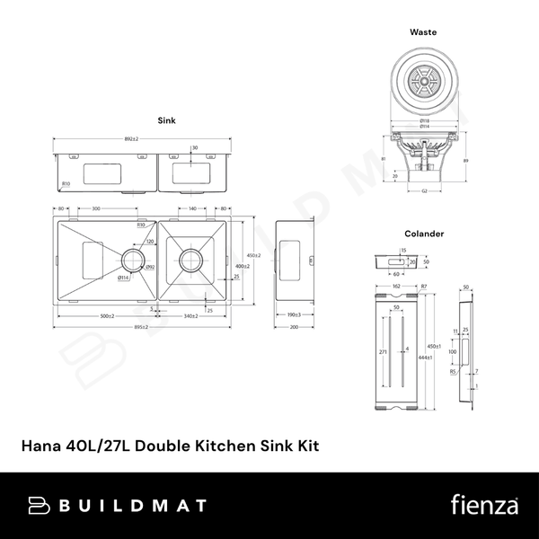 Fienza Hana 40L/27L Double Kitchen Sink Kit Stainless Steel