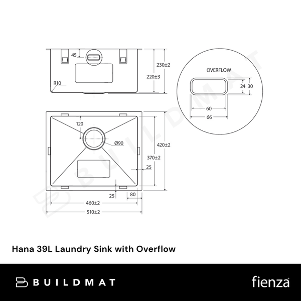 Fienza Hana 39L Laundry Sink with Overflow Brushed Stainless Steel