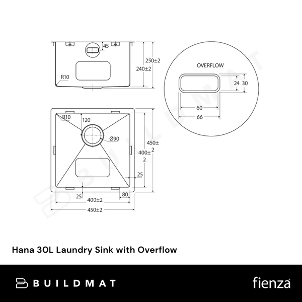 Fienza Hana 30L Laundry Sink with Overflow Stainless Steel