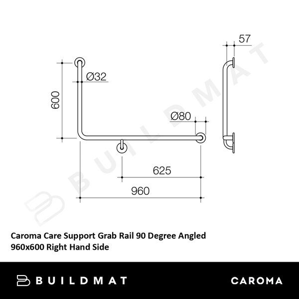 Caroma Care Support Grab Rail 90 Degree Angled 960x600 Right Hand Side Brushed Nickel