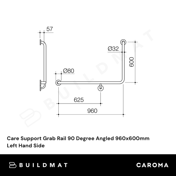 Caroma Care Support Grab Rail 90 Degree Angled 960x600 Left Hand Side Chrome