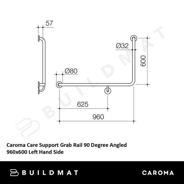 Caroma Care Support Grab Rail 90 Degree Angled 960x600 Left Hand Side Brushed Nickel