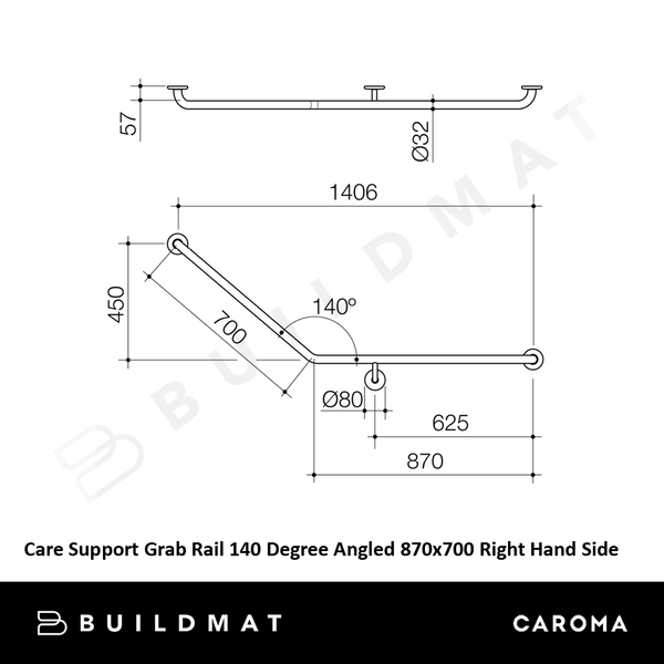 Caroma Care Support Grab Rail 140 Degree Angled 870x700 Right Hand Side Stainless Steel