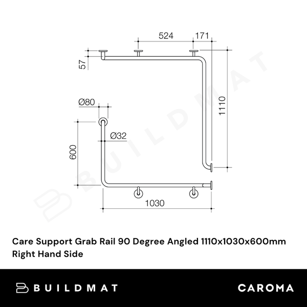 Caroma Care Support Grab Rail 90 Degree Angled 1110x1030x600 Right Hand Side Brushed Nickel