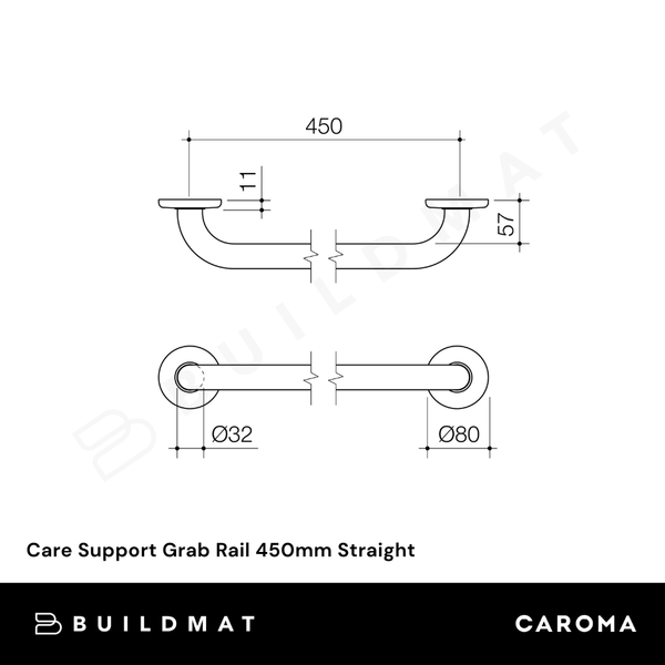 Caroma Care Support Grab Rail 450mm Straight Stainless Steel
