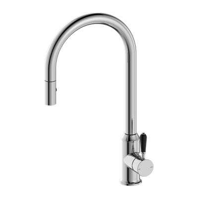 York Pull Out Sink Mixer with Vegie Spray Function with Black Porcelain Lever Chrome