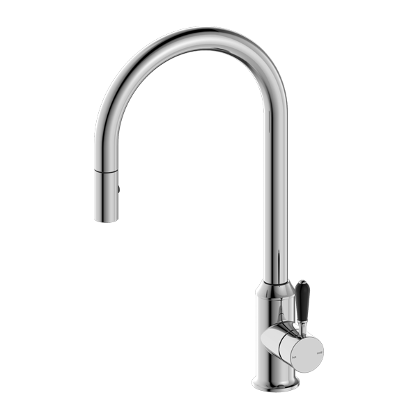 York Pull Out Sink Mixer with Vegie Spray Function with Black Porcelain Lever Chrome