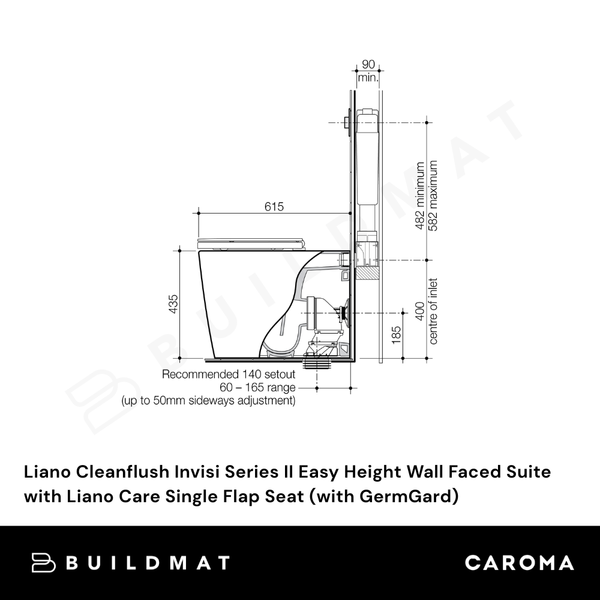 Caroma Liano Cleanflush Invisi Series II Easy Height Wall Faced Suite with Liano Care Single Flap Seat White (with GermGard)