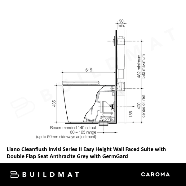 Caroma Liano Cleanflush Invisi Series II Easy Height Wall Faced Suite with Liano Double Flap Seat Anthracite Grey (with GermGard)