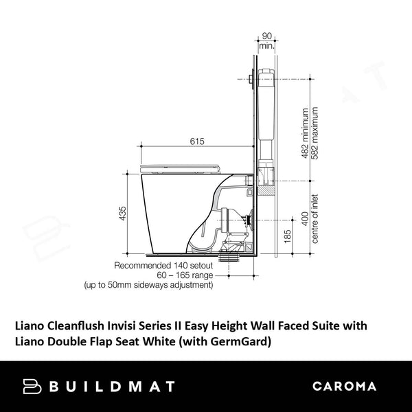 Caroma Liano Cleanflush Invisi Series II Easy Height Wall Faced Suite with Liano Double Flap Seat White (with GermGard) White