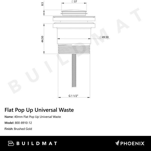 Phoenix 40mm Flat Pop Up Universal Waste Brushed Gold