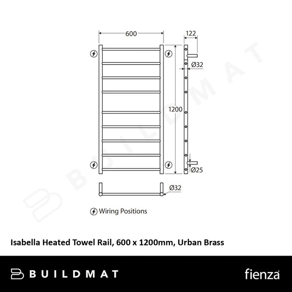 Fienza Isabella Heated Towel Rail 600 x 1200mm Urban Brass