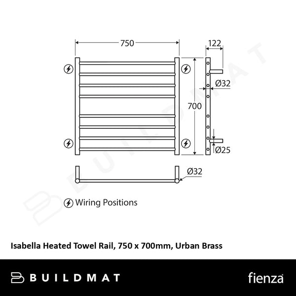 Fienza Isabella Heated Towel Rail 750 x 700mm Urban Brass