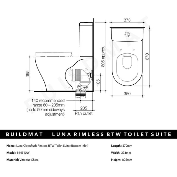 Caroma Luna Cleanflush Rimless BTW Toilet Suite (Bottom Inlet)