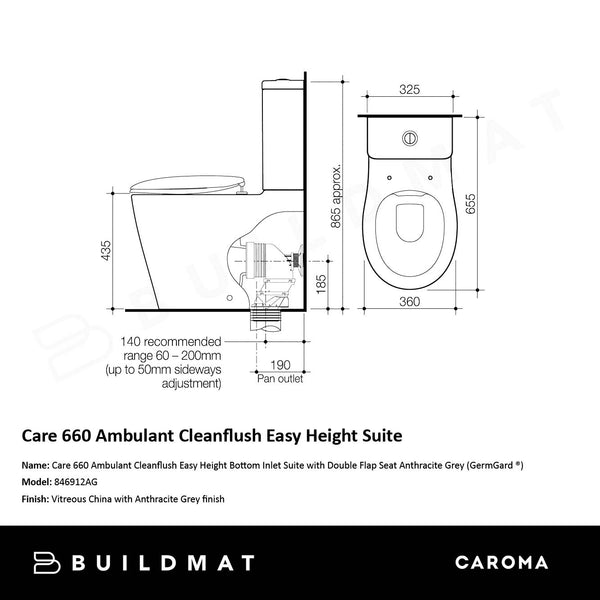 Caroma Care 660 Ambulant Cleanflush Easy Height Bottom Inlet Suite with Double Flap Seat Anthracite Grey