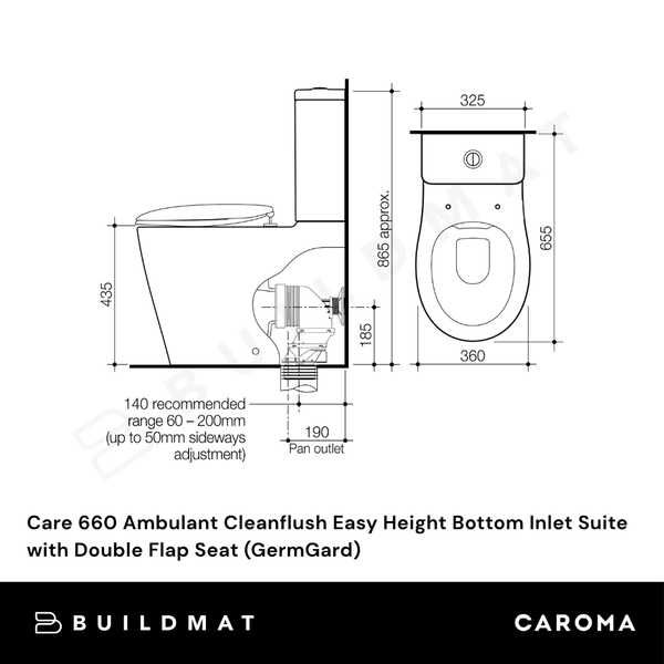 Caroma Care 660 Ambulant Cleanflush Easy Height Bottom Inlet Suite with Double Flap Seat (GermGard) White