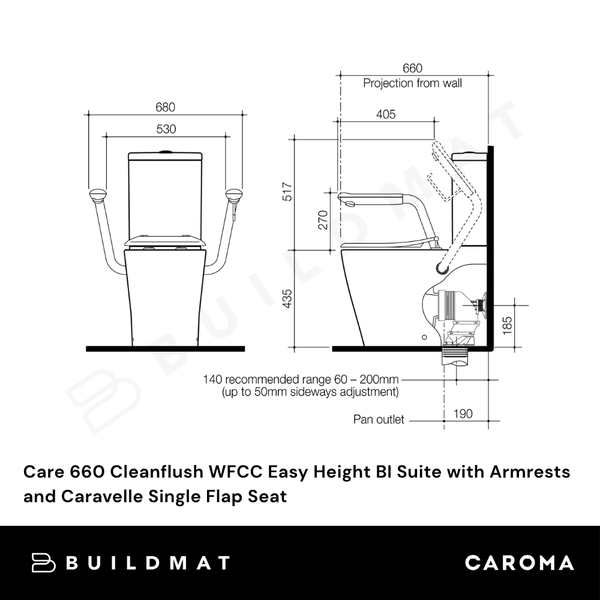 Caroma Care 660 Cleanflush WFCC Easy Height BI Suite with Armrests and Caravelle Single Flap Seat White