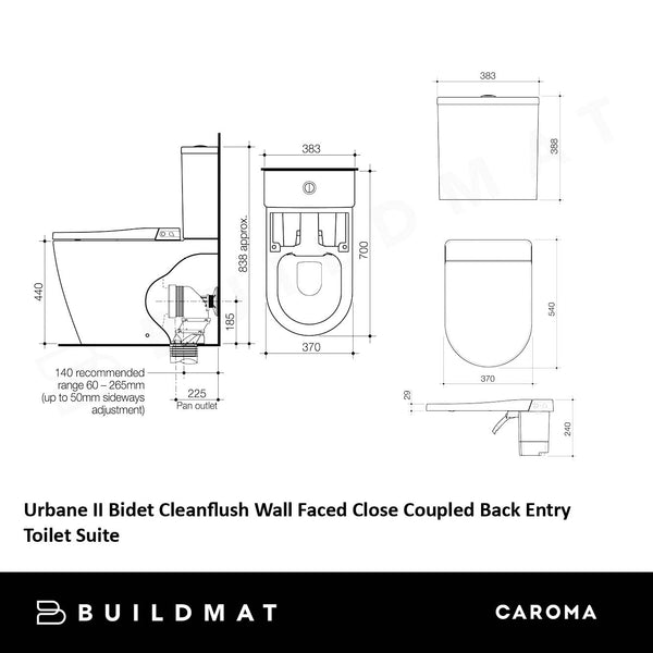 Caroma Urbane II Bidet Cleanflush Wall Faced Close Coupled Back Entry Toilet Suite