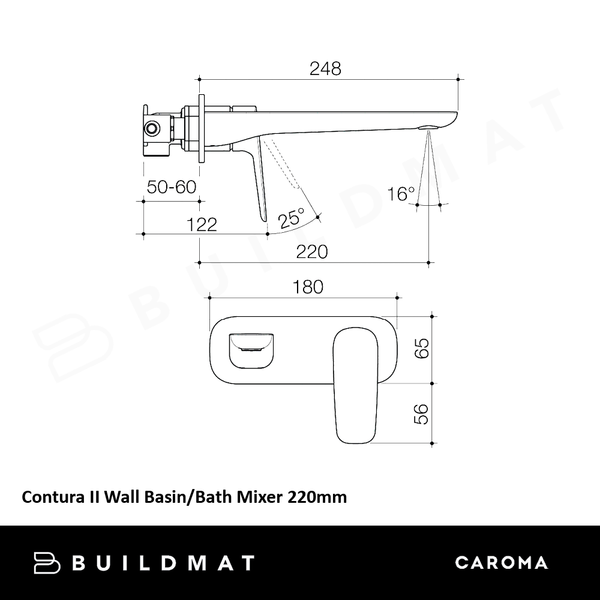 Caroma Contura II Wall Basin/Bath Mixer 220mm Lead Free Brushed Nickel