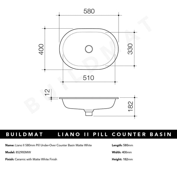 Caroma Liano II 580mm Pill Under/Over Counter Basin Matte White