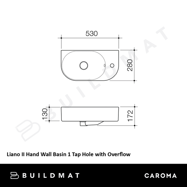 Caroma Liano II Hand Wall Basin 1 Tap Hole with Overflow White
