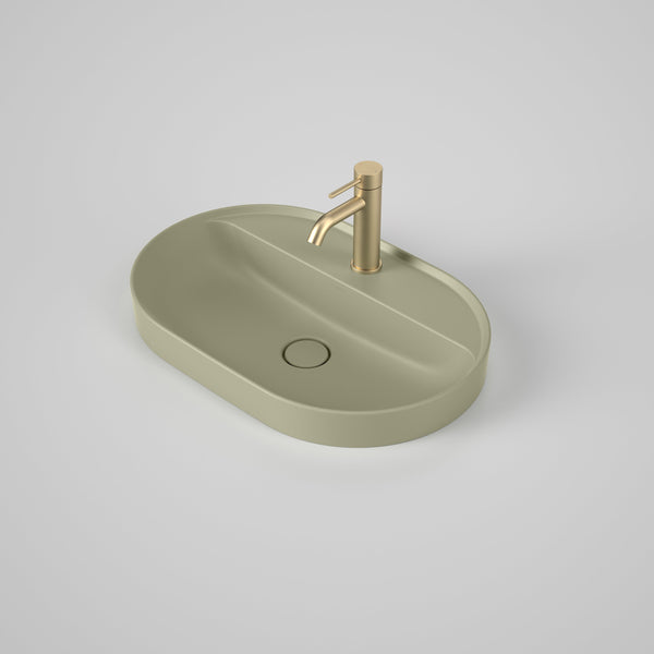 Caroma Liano II 600mm Pill Inset Basin with Tap Landing Matte Green with 1 Tap Hole