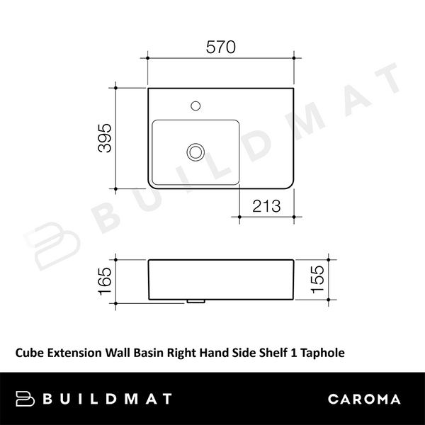 Caroma Cube Extension Wall Basin Right Hand Side Shelf 1 Taphole White