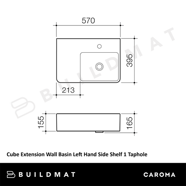 Caroma Cube Extension Wall Basin Left Hand Side Shelf 1 Taphole White