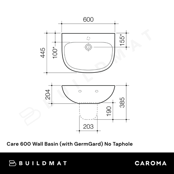 Caroma Care 600 Wall Basin (with GermGard) No Taphole White