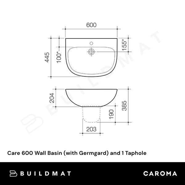Caroma Care 600 Wall Basin (with Germgard) and 1 Taphole White