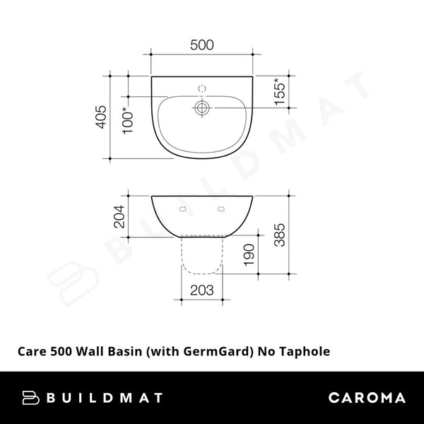 Caroma Care 500 Wall Basin (with GermGard) No Taphole White