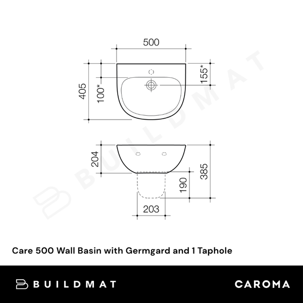 Caroma Care 500 Wall Basin with GermGard and 1 Taphole White