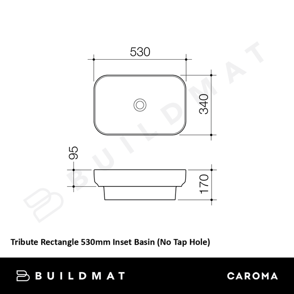 Caroma Tribute Rectangle 530mm Inset Basin (No Tap Hole) White
