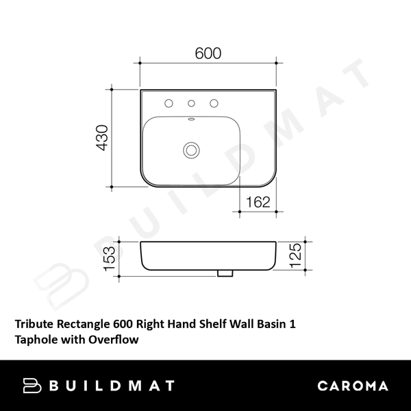 Caroma Tribute Rectangle 600 Right Hand Shelf Wall Basin 1 Taphole with Overflow White