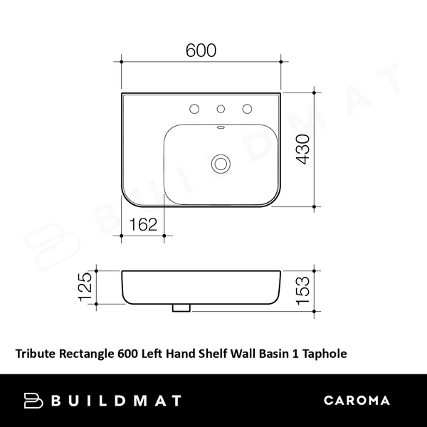 Caroma Tribute Rectangle 600 Left Hand Shelf Wall Basin 1 Taphole with Overflow White