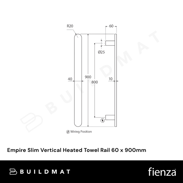Fienza Empire Slim Vertical Heated Towel Rail 60 x 900mm Brushed Nickel