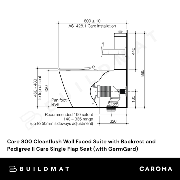 Caroma Care 800 Cleanflush Wall Faced with Backrest and Pedigree II Care Single Flap Seat with GermGard Anthracite Grey