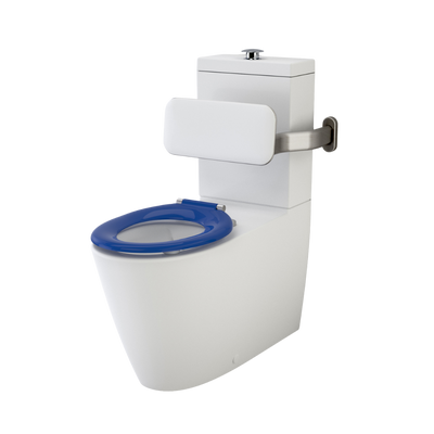 Caroma Care 800 Cleanflush Wall Faced with Backrest and Pedigree II Care Single Flap Seat with GermGard Sorrento Blue