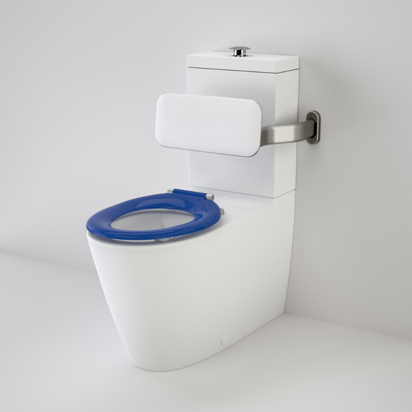 Caroma Care 800 Cleanflush Wall Faced with Backrest and Pedigree II Care Single Flap Seat with GermGard Sorrento Blue