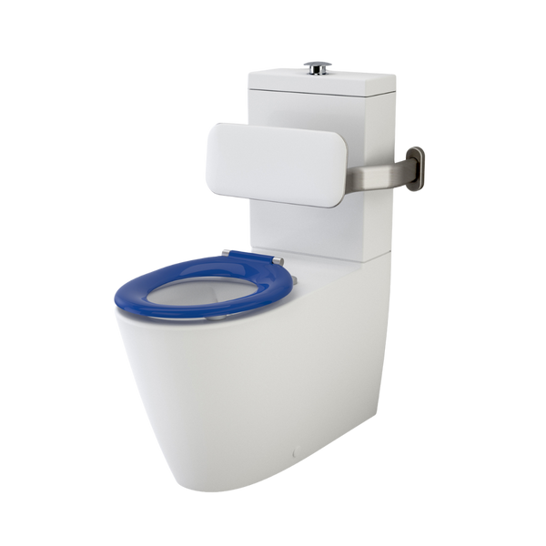 Caroma Care 800 Cleanflush Wall Faced with Backrest and Pedigree II Care Single Flap Seat with GermGard Sorrento Blue