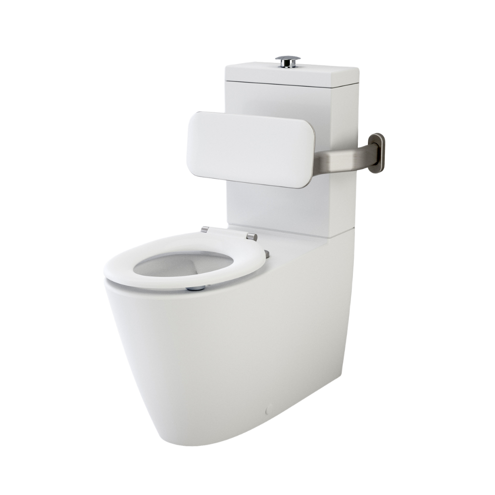 The Caroma Care 800 Cleanflush® range is ideal for hospital, aged care and commercial applications where the absolute highest levels of hygiene and rapid cleaning are required. The Care 800 Cleanflush® Suite with Backrest in particular features a raised height seat, an increased pan projection and backrest specifically