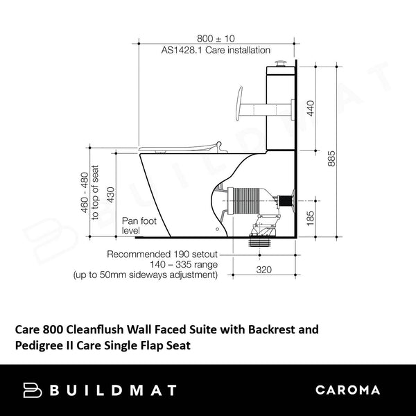 Caroma Care 800 Cleanflush Wall Faced with Backrest and Pedigree II Care Single Flap Seat with GermGard White