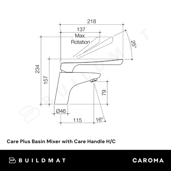 Caroma Care Plus Basin Mixer with Care Handle H/C Lead Free Chrome