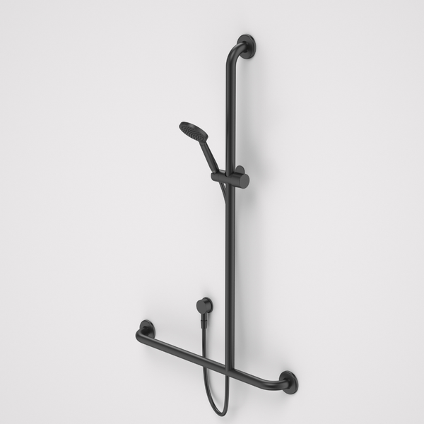 Caroma Care Support Shower Set with Inverted T Rail Right Hand Side Matte Black