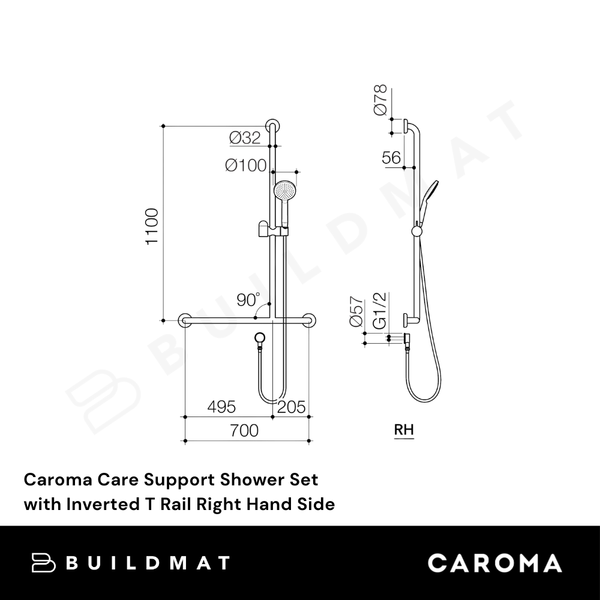 Caroma Care Support Shower Set with Inverted T Rail Right Hand Side Matte Black